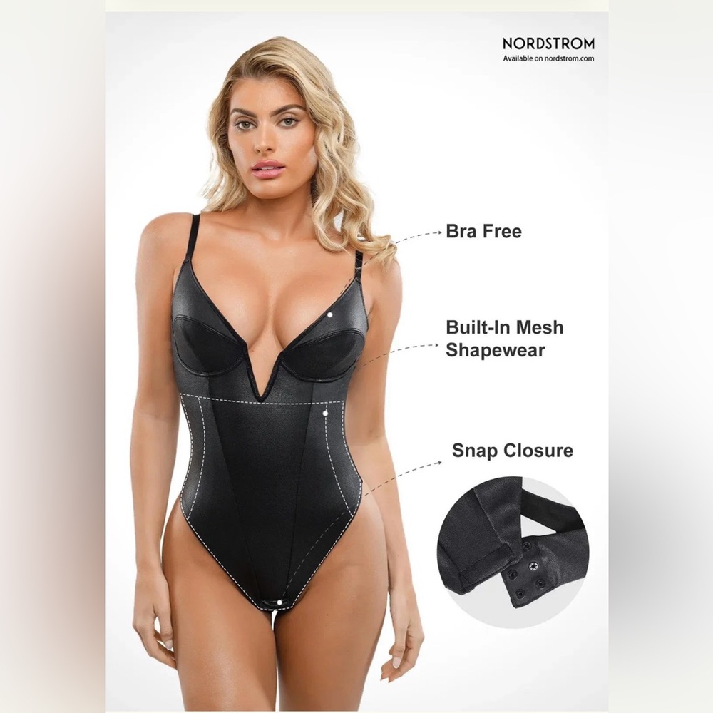 NEW Popilush Shapewear Faux Leather Plunging V Sculpting Corset Bodysuit Black